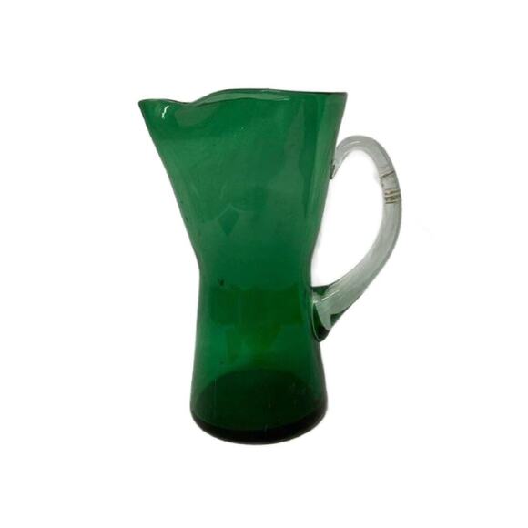Green Glass Pinched Lip Hand Blown Pitcher - Picture 1 of 9